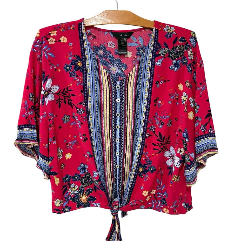 Ali Miles | Top Short Sleevel Floral Tie Front V Neck- Size Petite Large